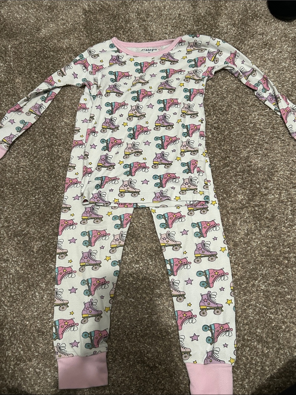 Girls White Roller Skate Print Pajama Set with Pink Trim